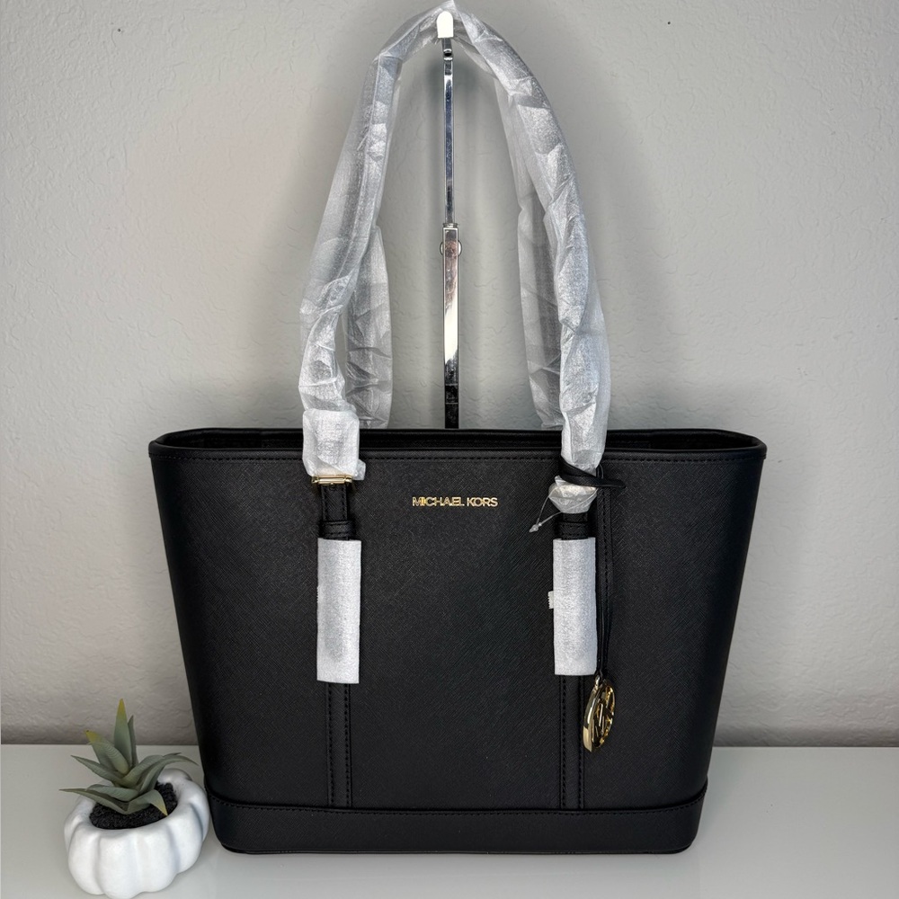 MICHAEL KORS Jet Set Travel SM Top Zip Leather Shoulder Tote Black NWT